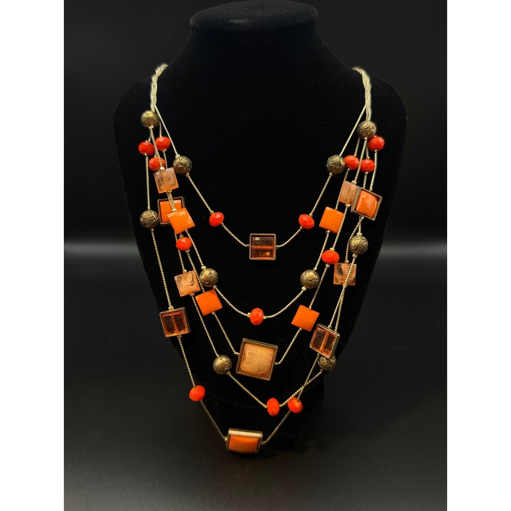 Womens Multi Layered Orange Amber Square Bead Gold Tone Statement Necklace